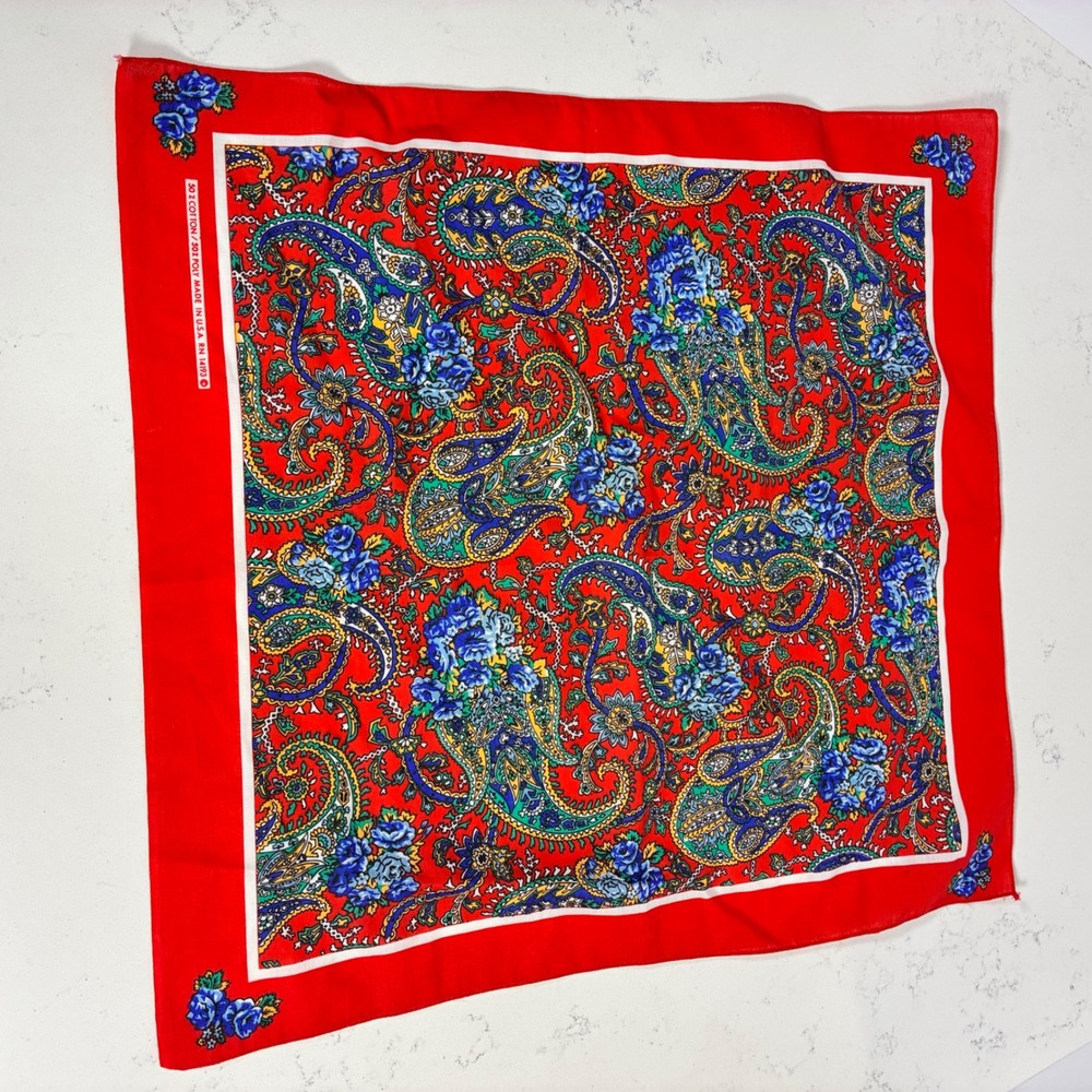 Vtg Bandana Paisley Floral Made in USA Rockabilly Western Boho Retro Neckerchief